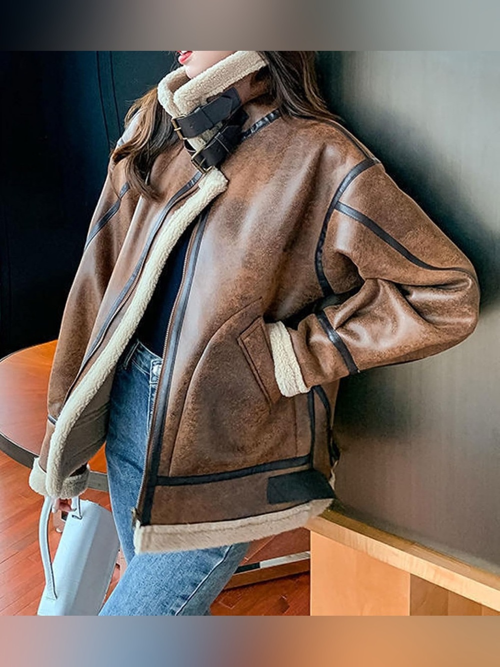 Women's Brown Shearling-Trim Faux Leather Bomber Jacket
